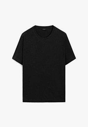 Black short-sleeve t-shirt made of cotton with a round neckline, featuring a smooth texture and a simple design. No visible branding.
