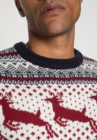 Röd- och vitmönstrad stickad tröja med renar och geometriska mönster, med marinblå ribbad rund halsringning och texturerat tyg.