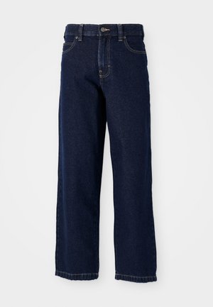 Dark blue wide-leg jeans made of denim with a straight cut, five-pocket design, and finishing stitches along the hem.