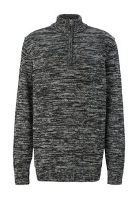 Strickpullover in Schwarz- und Grautönen, mit hohem Kragen und halbem Reißverschluss. Strickstoff mit meliertem Muster.