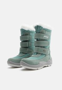 Botas impermeables verdes con trim de piel sintética, tres correas de Velcro ajustables y detalles de gamuza texturizada, que cuentan con una suela de goma acolchada.