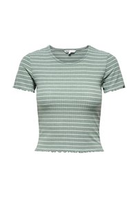 Haut à manches courtes rayé vert en tissu côtelé doux. Présente un col arrondi et des bords festonnés aux manches et à l'ourlet.