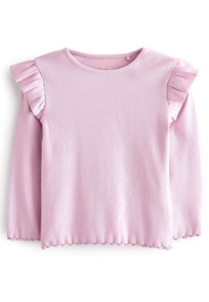 Chemise rose clair à manches longues en maille côtelée avec épaules à volants et ourlet festonné, conçue pour les enfants.