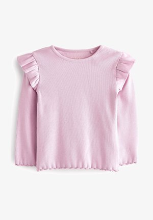 Chemise rose clair à manches longues en maille côtelée avec épaules à volants et ourlet festonné, conçue pour les enfants.