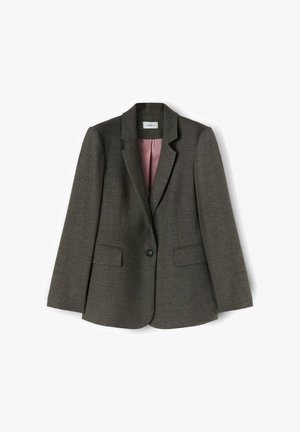 Gray blazer made of textured fabric. Features a notch lapel, two front pockets, and a single button closure. Interior is lined in light pink.