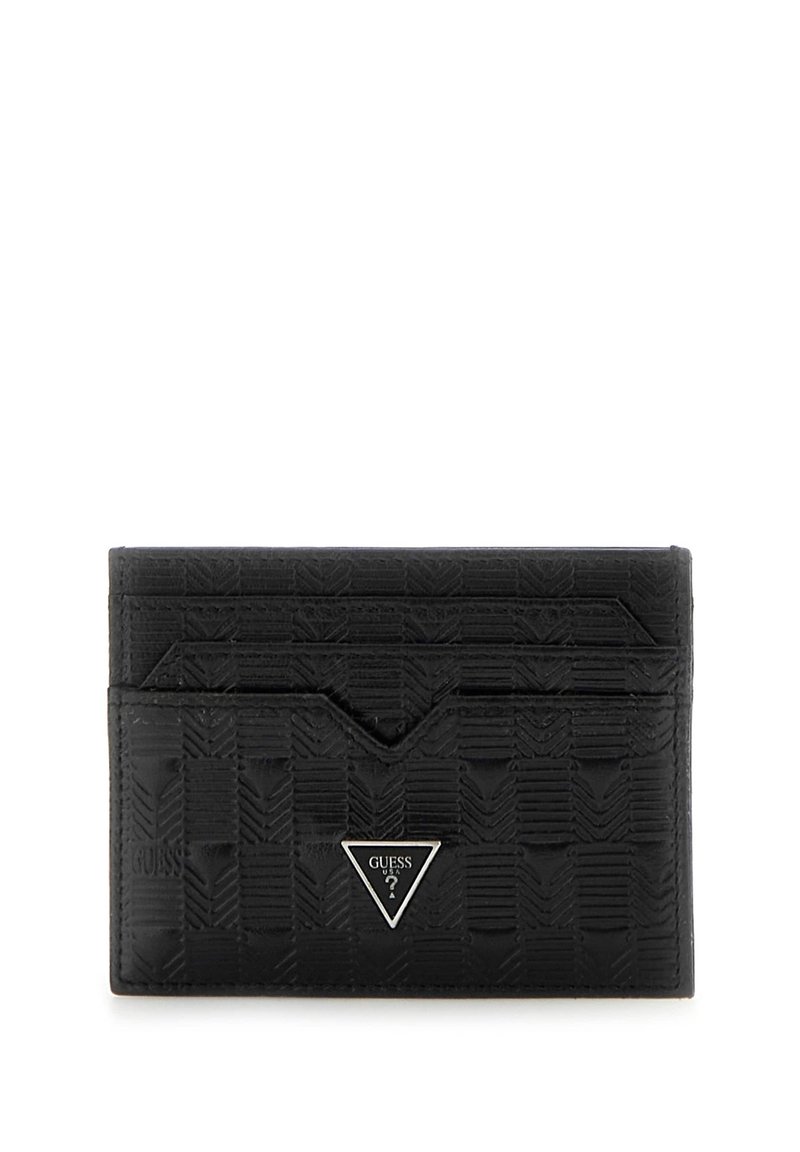 Porte-cartes noir texturé avec un motif géométrique, plusieurs emplacements pour cartes et un accent logo triangulaire argenté. Design compact et élégant.
