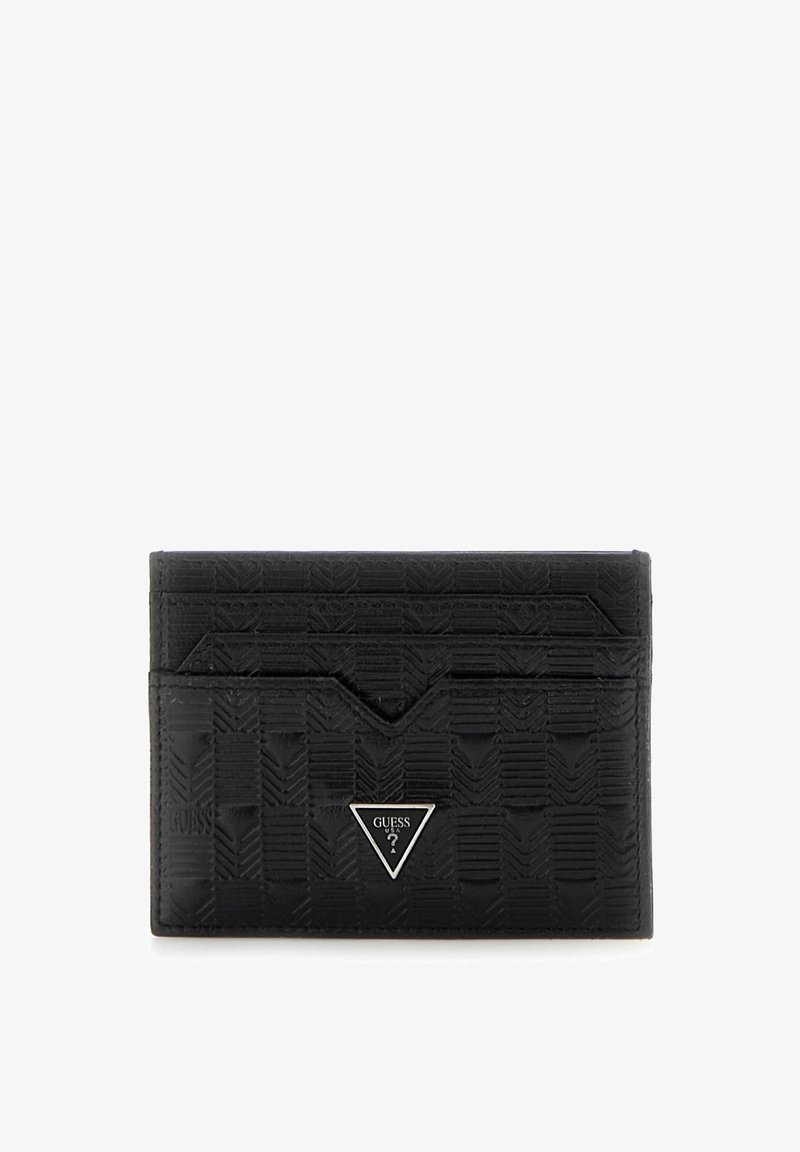 Porta carte in nero con una texture e un motivo geometrico, più slot per carte e un accento del logo triangolare argentato. Design compatto e elegante.