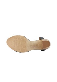 Sanda cu piele neagră, cu vârful rotund și călcâiul deschis, având o talpă din cauciuc texturată. Model notabil al benzii de rulare pe partea de jos.