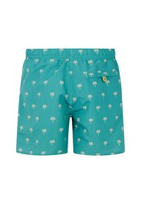 Shorts da bagno turchesi con motivo a palme, vita elastica e una tasca posteriore con un piccolo accento a forma di ananas.