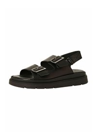 Black leather sandals with two front buckles, open-toe design, slingback style, and thick black rubber sole.