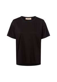 Czarny krótki rękaw T-shirt z okrągłym dekoltem o luźnym kroju i widoczną metką z logo wewnątrz dekoltu.