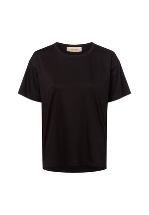 Czarny krótki rękaw T-shirt z okrągłym dekoltem o luźnym kroju i widoczną metką z logo wewnątrz dekoltu.