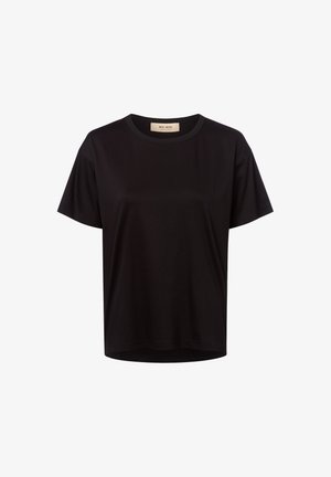 Czarny krótki rękaw T-shirt z okrągłym dekoltem o luźnym kroju i widoczną metką z logo wewnątrz dekoltu.