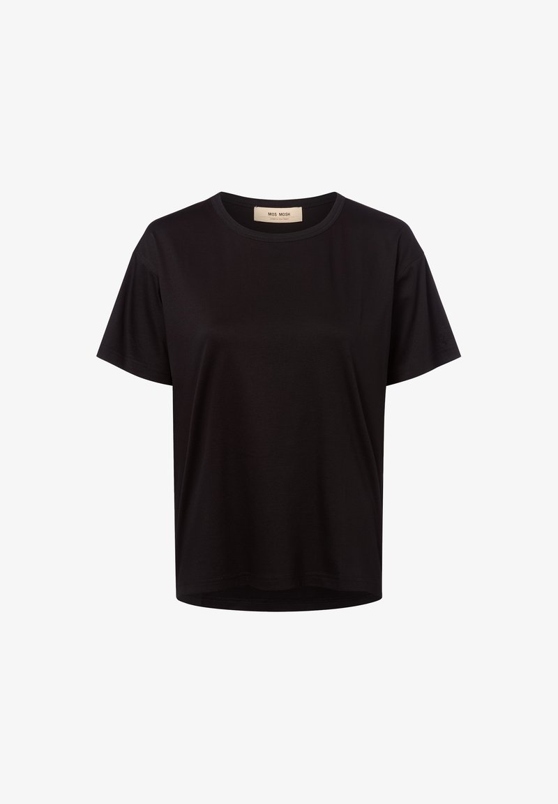 Czarny krótki rękaw T-shirt z okrągłym dekoltem o luźnym kroju i widoczną metką z logo wewnątrz dekoltu.