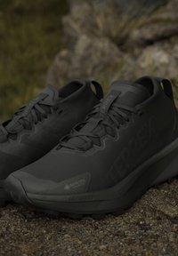 Paire de chaussures de course noires Terrex Gore-Tex avec semelles robustes posées sur du gravier près d’un terrain rocheux.