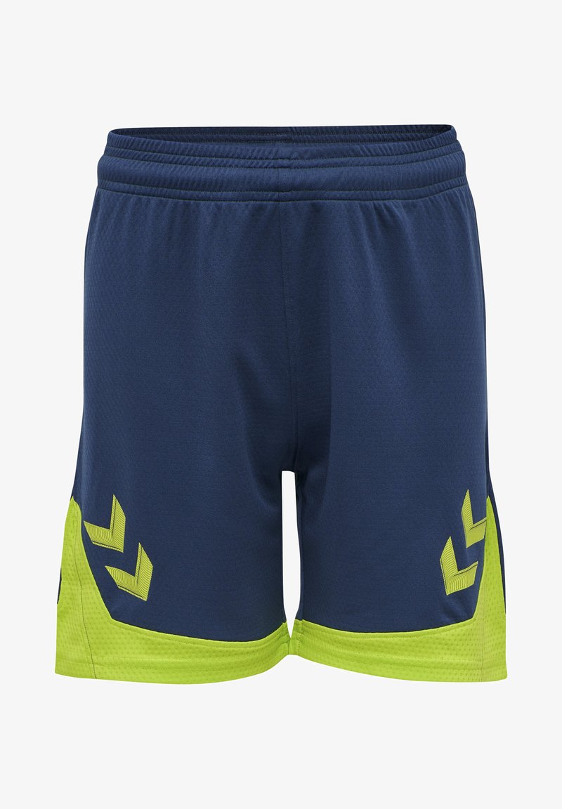 Shorts de sport bleu marine avec des accents verts fluo, texture en maille, design géométrique sur le côté, taille élastique et coupe à mi-genoux.