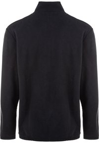 Pullover in pile nero con colletto alto, maniche lunghe e una superficie morbida e testurizzata, privo di loghi o motivi visibili.