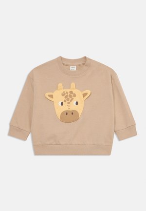 Tan sweatshirt med en påsyet girafansigt i gult og brunt, med rund halsudskæring og ribbede manchetter. Trykknaplukning ved skulderen.
