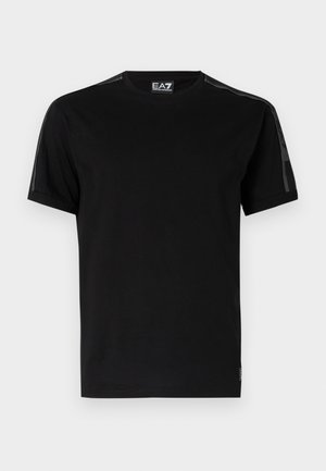 Black T-shirt made of cotton, featuring short sleeves, a crew neck, mesh side panels, and a small logo label on the hem.