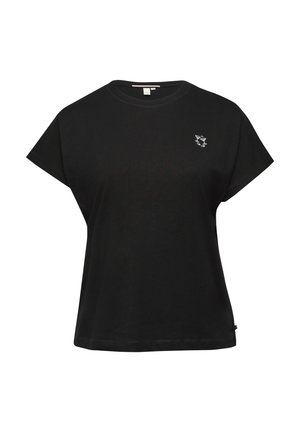 T-shirt in cotone nero con una vestibilità rilassata, maniche corte, colletto a giro e un piccolo logo ricamato bianco sul petto. Orlo dritto.