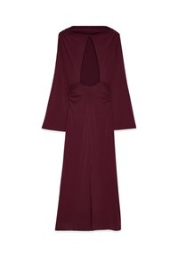 Long burgundy dress with a keyhole cutout at the chest, gathered fabric details below cutout, long flared sleeves, and a front slit.