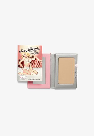 Translucent powder compact with a pink and silver case. Features a textured beige powder inside, with a vintage-style graphic on the cover.