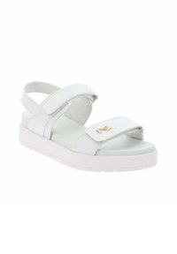 Sandali bianchi con cinturino regolabile, dotati di una soletta imbottita e accessoriati in oro. Soletta piatta con design testurizzato per una migliore aderenza.