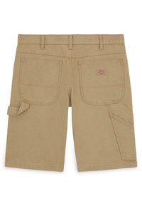 Tan cargo shorts made of cotton. Features two back pockets, a side pocket, and visible stitching. Straight-cut legs with a flat front.