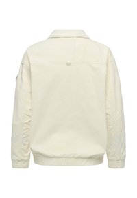 Veste à manches longues de couleur crème avec poignets et ourlet élastiques, col, et un petit détail circulaire sur le haut du dos.