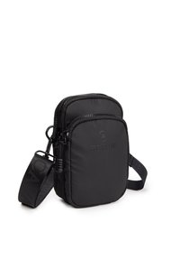 Borsa a tracolla nera in nylon con due scomparti con zip, tracolla regolabile e hardware testurizzato. Presenta un logo discreto sul davanti.