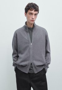 Cardigan grigio in maglia con zip, colletto e polsini a coste, cuciture dettagliate e tasche laterali. Indossato sopra una camicia scura e pantaloni neri.