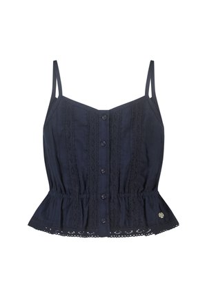 Marineblauwe mouwloze blouse met dunne bandjes, knopen aan de voorkant, kanten details en een gerimpelde zoom.