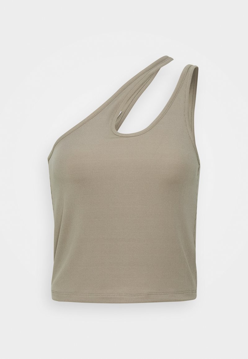 Geribd hemdje in olijfgroen met een enkele schouderband en een afgeronde halslijn. De stof heeft een gladde textuur met minimale stikseldetails.