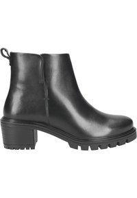 Schwarze Leder-Stiefelette mit glatter Oberfläche, quadratischer Zehenpartie und robuster Sohle. Verfügt über eine Zuglasche für einfaches Anziehen. Mit Absatzdesign.