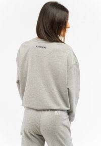 Grey sweatshirt and matching pants made from soft fabric. Features logo on the back and elastic waistband. Casual, relaxed fit.
