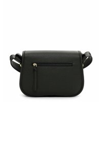 Sac bandoulière en cuir noir avec une finition texturée, fermeture à rabat et poche zip à l'avant. Dispose d'une fine bandoulière ajustable.