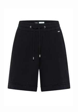 Zwarte shorts van gestructureerde stof met elastische tailleband, verstelbaar trekkoord en klein logolabel aan de rechterkant.