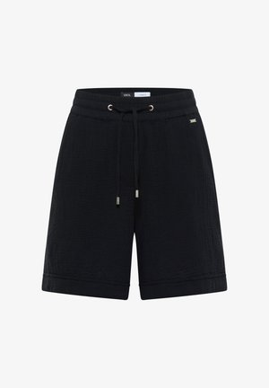 Short en tissu noir texturé avec taille élastique, cordon ajustable et petite étiquette logo sur le côté droit.