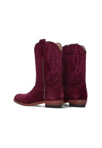 Bordeaux leren cowboylaarzen met ingewikkelde borduursels, een zijrits, een licht puntige neus en een lage gestapelde hak.