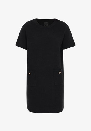 Čierne úpletové šaty s krátkymi rukávmi, okrúhlym výstrihom a dvoma prednými vreckami so zlatými akcentmi. Jednoduchý, rovný strih.