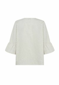 Witte blouse met dunne verticale zwarte strepen en driekwart uitgewaaierde mouwen, van achteren getoond tegen een witte achtergrond.