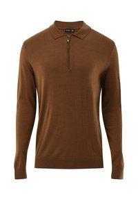 Brauner Langarm-Polopullover mit Kragen, ausgestattet mit einem Reißverschluss an der Knopfleiste, gerippten Bündchen und einer glatten, leichten Textur.