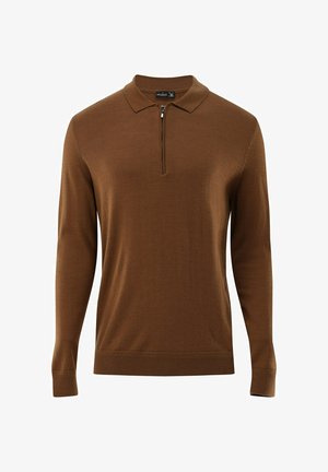 Maglione polo marrone a maniche lunghe con colletto, caratterizzato da una patta con zip, polsini a costine e una texture liscia e leggera.