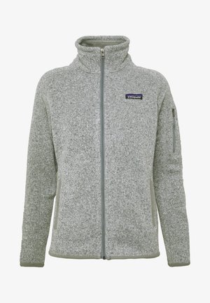 Casaco de fleece cinza com gola alta, fecho éclair frontal completo e bolsos com fecho éclair. Apresenta material texturizado e detalhes em cinza contrastante.