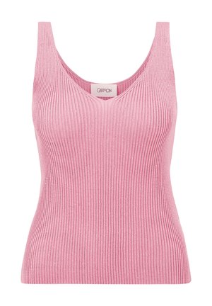 Pink ribbed sleeveless top with a V-neckline. Features a textured finish and a label at the neck. Fabric has a slight shimmer.