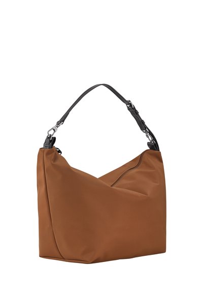 Brown nylon shoulder bag with a soft, slouchy shape; features a black textured strap and a zippered pocket for secure storage.