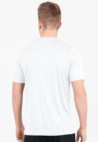 White short-sleeve t-shirt made of smooth fabric; round neckline; back view showing plain design with no visible logos or patterns.