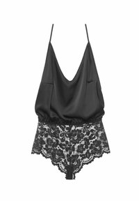 Svart satin bodysuit med djup V-ringning, tunna banden och en spetsbotten med blommönster och vågiga kanter.