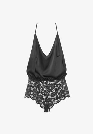 Bodysuit de satén negro con un profundo escote en V, tirantes finos y una parte inferior de encaje con patrones florales y bordes festoneados.