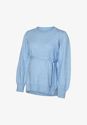 Suéter azul claro con cuello redondo, mangas largas y cintura con lazo. Hecho de un material de punto suave con una textura lisa.